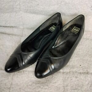 Vintage Natural Sport Leather Low Block Heel Pumps Black Patent Pointed Toe